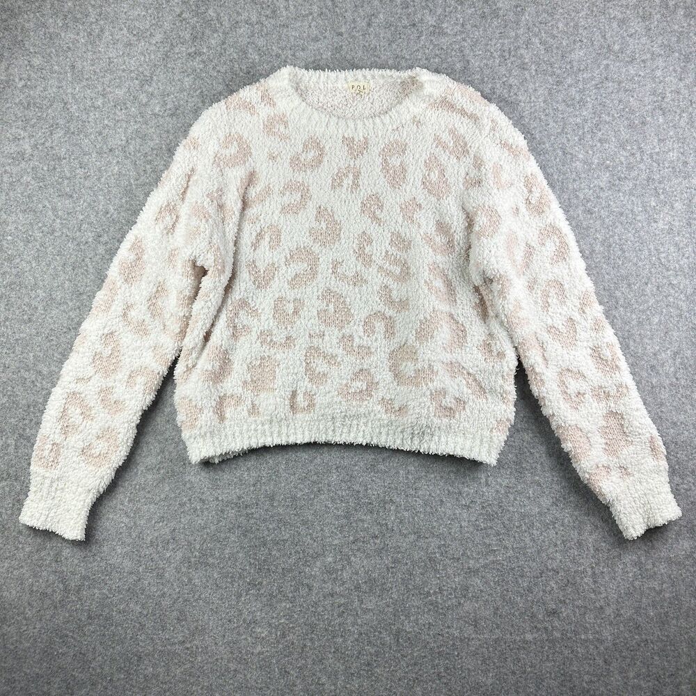 POL Fuzzy Sweater Womens L Leopard Soft Chunky Oversized Pullover Preppy Crew